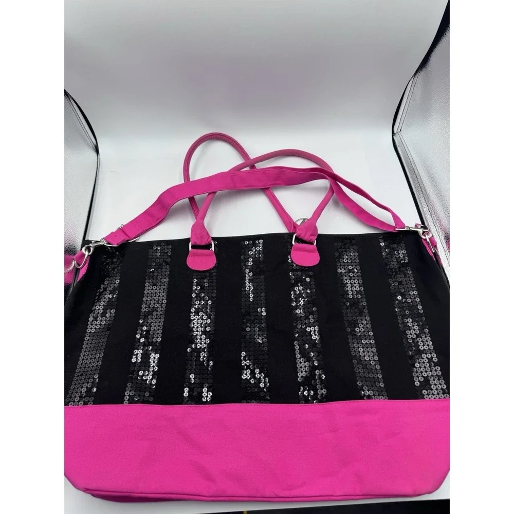 Victoria's Secret Sequin Stripe Hot Pink/ Black Weekender Large Duffel Bag